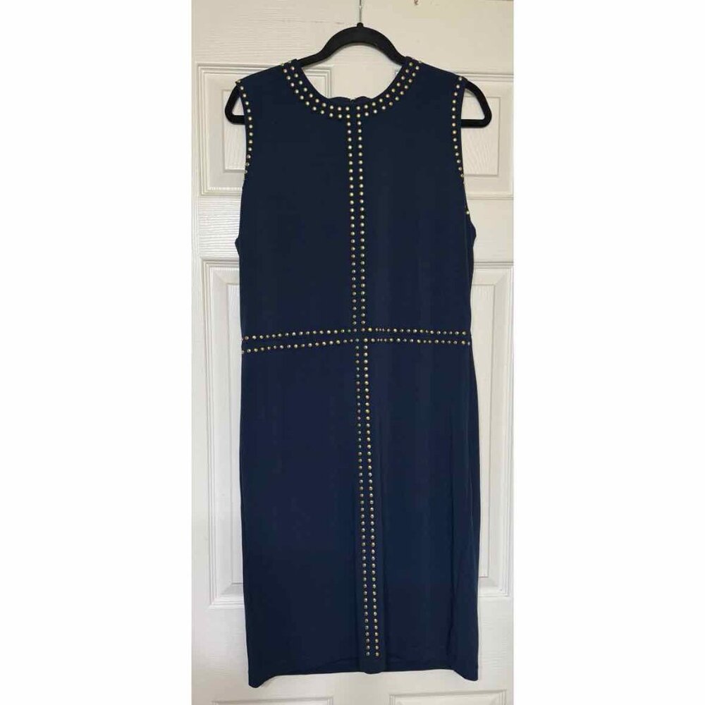 Carmen Marc Valvo Navy Blue Sleeveless Cocktail Knee Dress w/ Gold Stud Accents